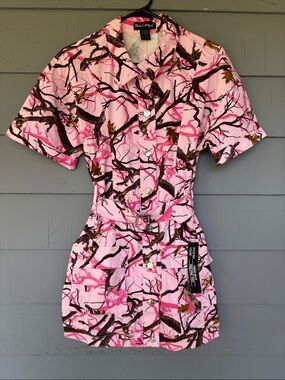 like an angel Pink Camouflage Mini Dress with Brown Branch Print